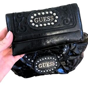 Guess Vintage Y2K Black Leather Studded Hobo Bag Purse & Wallet Set